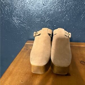 Gianni Bini Tan Suede Mules with Gold Buckles